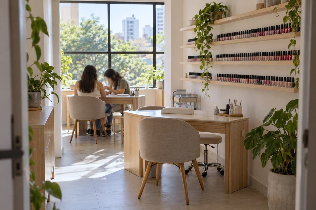 Estúdio de manicure com mesas junto à janela e uma profissional atendendo ao fundo