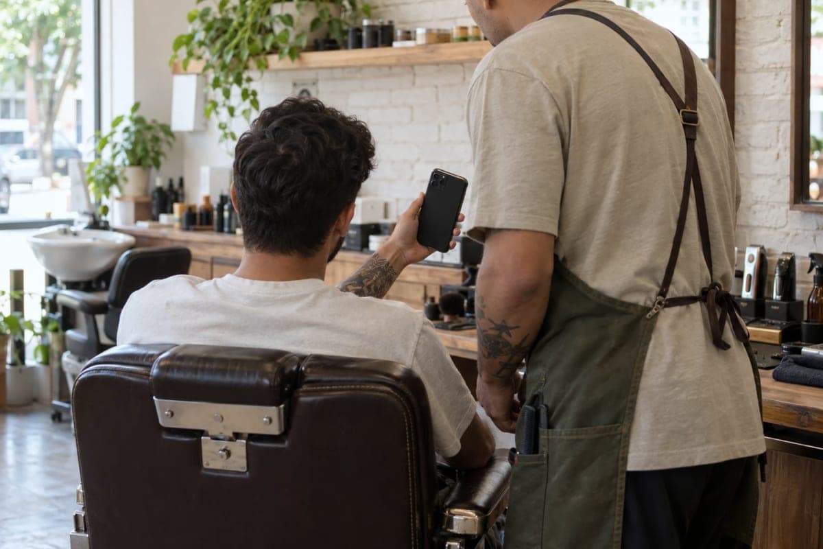 Cliente na cadeira mostrando ao barbeiro uma foto de corte no celular