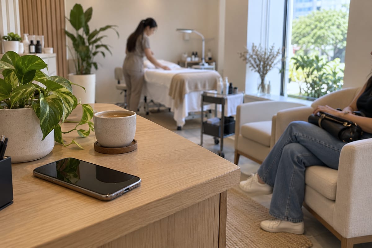 Recepção de um estúdio de estética com o celular sobre o balcão e uma cliente esperando na poltrona