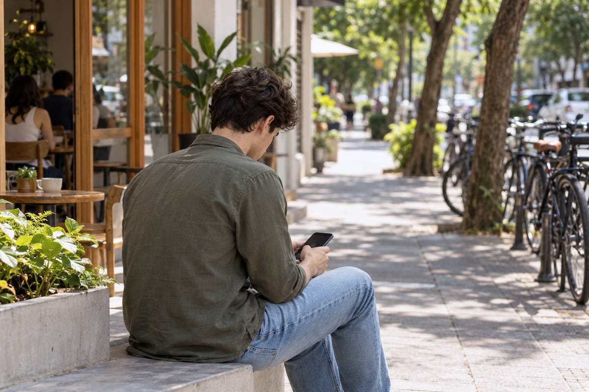 Cliente sentado na calçada olhando o celular