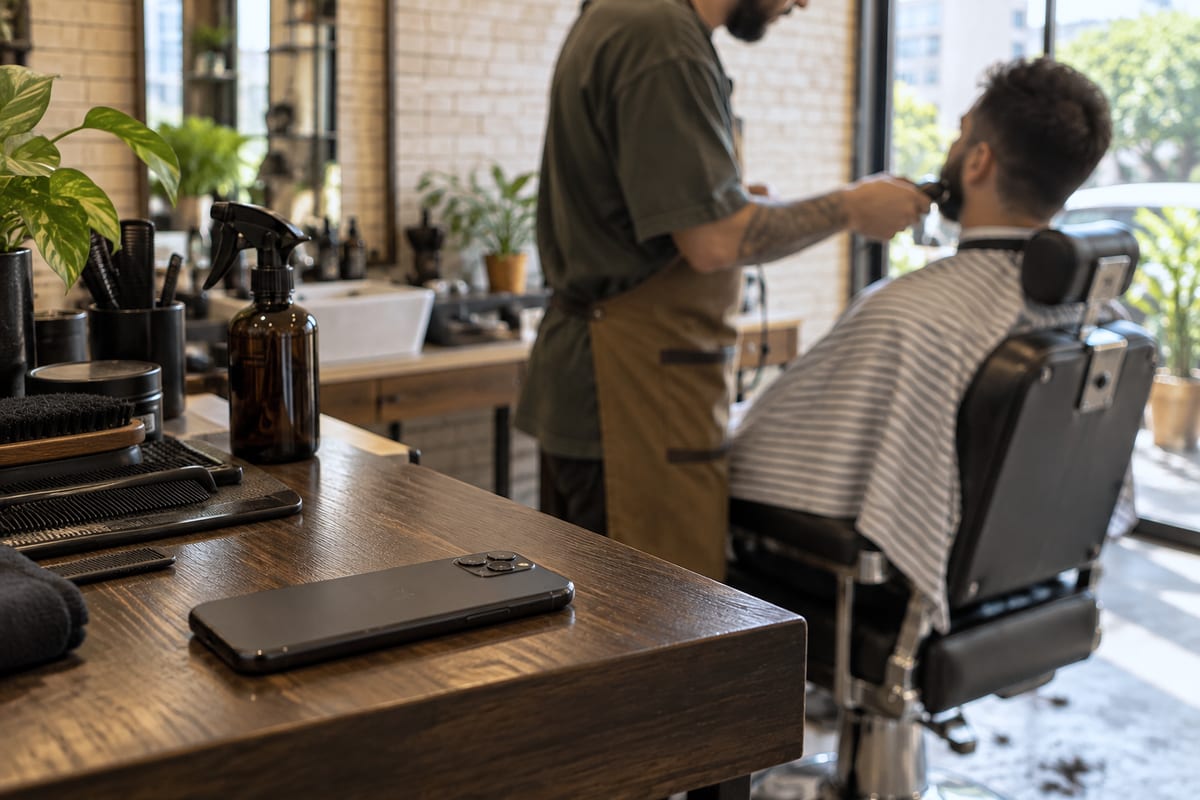 Barbeiro aparando a barba de um cliente na cadeira, com o celular sobre a bancada