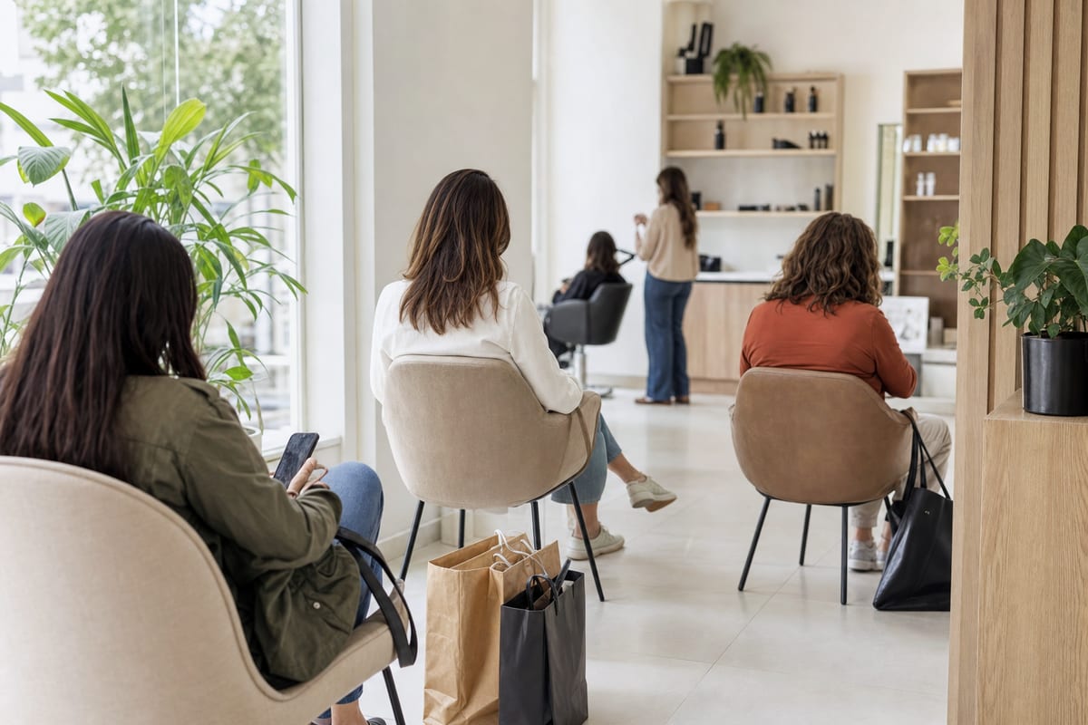 Sala de espera cheia em dezembro, com clientes aguardando