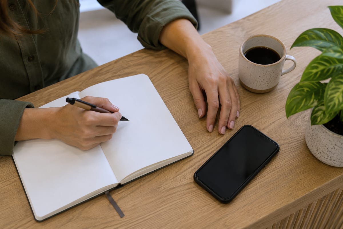 Mãos escrevendo num caderno na mesa da recepção, com café e o celular ao lado