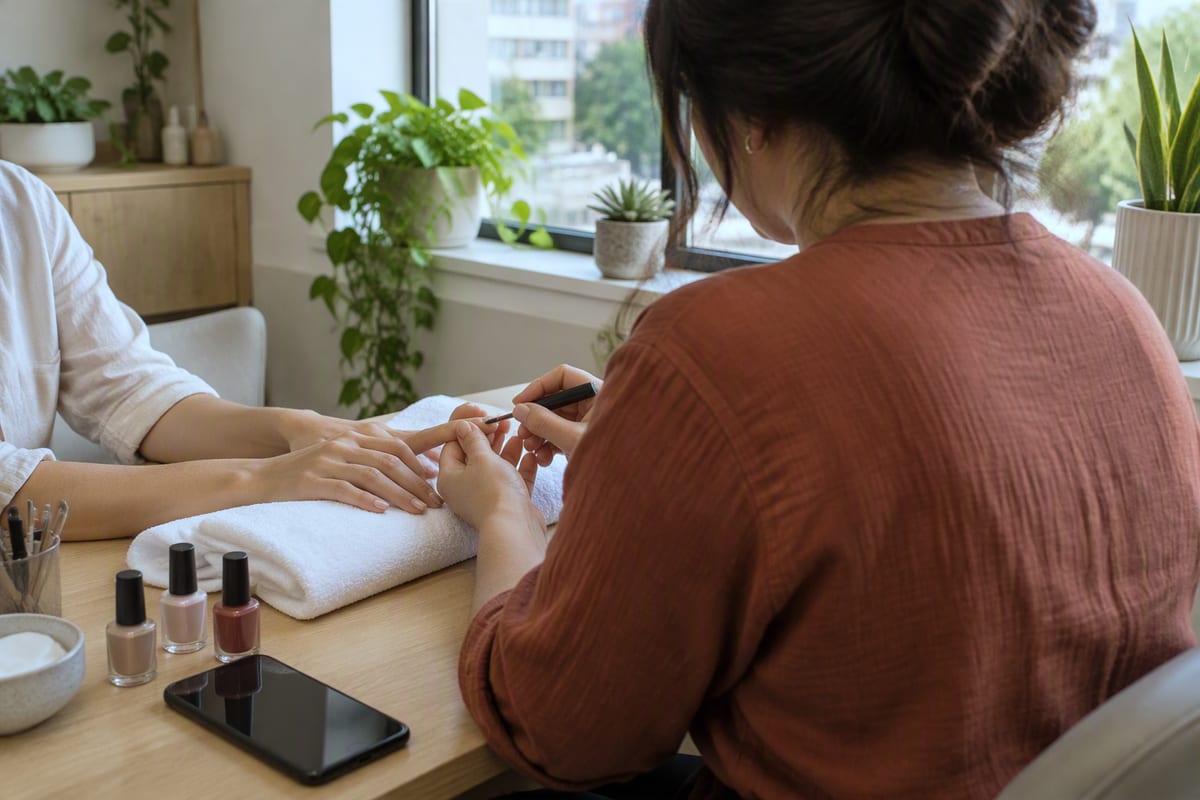 Manicure de costas atendendo uma cliente, com os esmaltes e o celular na mesa