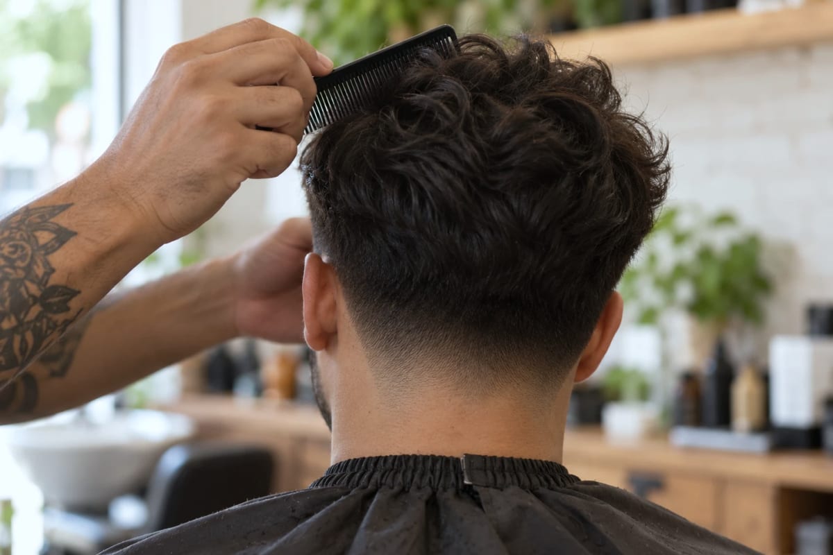 Nuca com low taper recém-feito e topo texturizado, com o barbeiro penteando